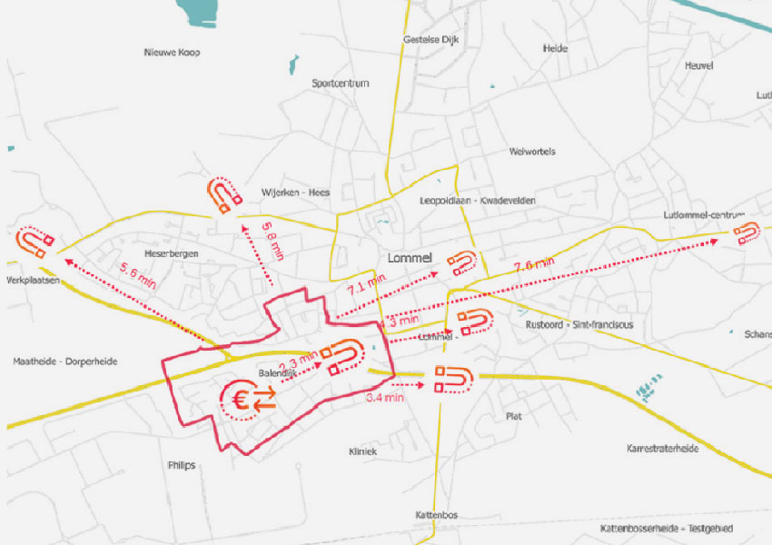 Kaart retail locatie en omliggende concurrentie voorgesteld als magneten